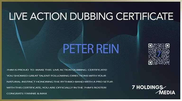 7HM 7 Holdings Media Dubbing Certificate from Fannie Brett-Rabault for Peter Rein